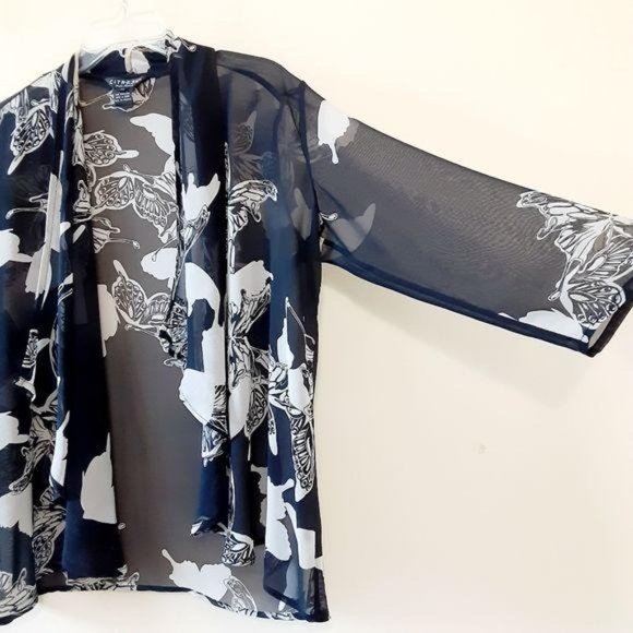 Citron Sz S Silk Butterfly Print Open Short Sheer Duster Dressy Office Cruise - Picture 2 of 7